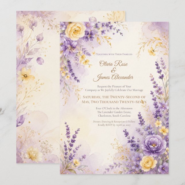 Convite Casamento Amarelo Lavanda | Romance Roxo (Frente/Verso)