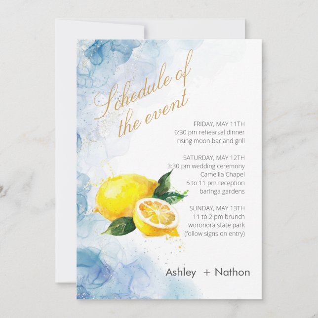 Convite Casamento amarelo-limão e azul-aquarela Elegante (Frente)