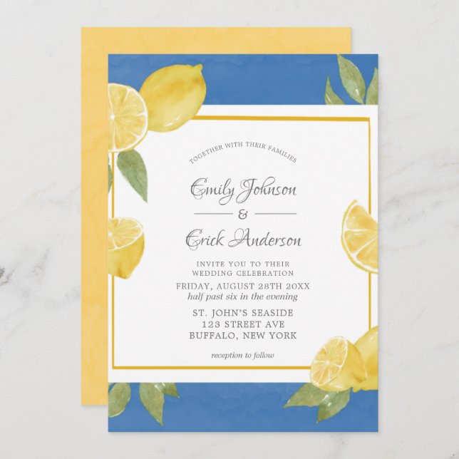 Convite Casamento Amarelo-Limões e Azul-Cerrado (Frente/Verso)