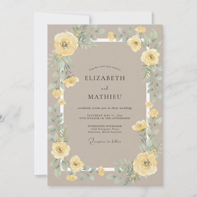 Convite Casamento Amarelo Ranunculus Areia Eucalipto (Frente)
