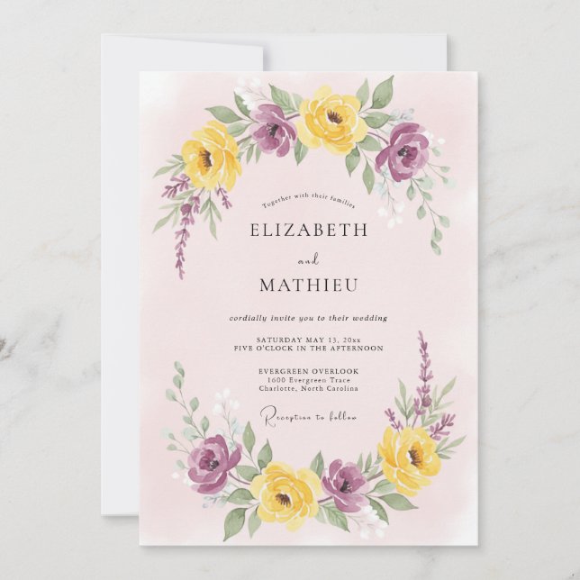 Convite Casamento Amarelo Roxo Brilhante de Primavera (Frente)