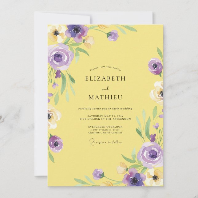 Convite Casamento Amarelo Roxo Ranunculus Eucalipto (Frente)