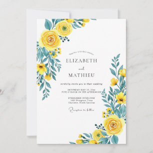 Convite Casamento Amarelo Teal Florescente de Primavera