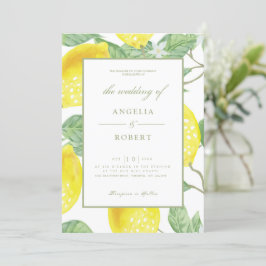 Convite Casamento Amarelo Verde com Lemons e Folhagem