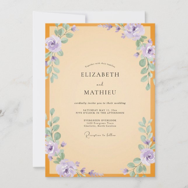 Convite Casamento Âmbar Violeta Ranunculus Eucalipto (Frente)
