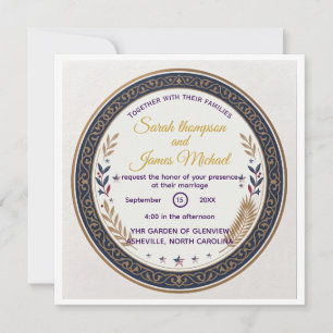 Convite Casamento Americano com Filigrana Naval e Dourada