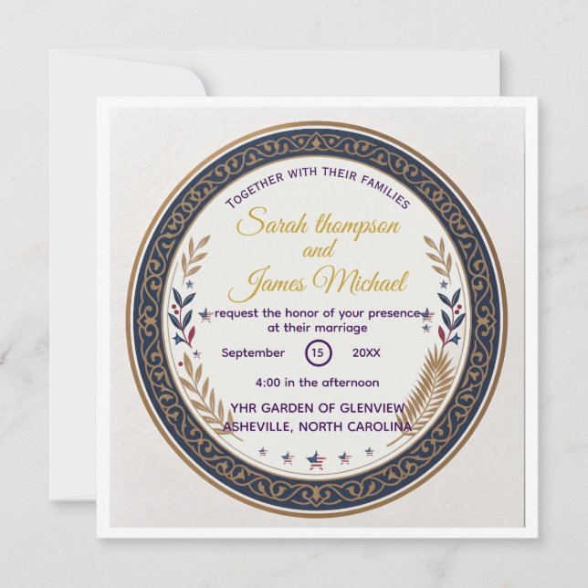 Convite Casamento Americano com Filigrana Naval e Dourada  (Frente)