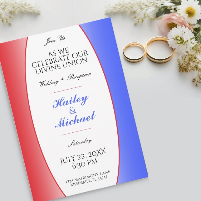 Convite Casamento Americano Patriótico Vermelho, Branco e  (Red, White & Blue Patriotic USA American Wedding Invitation)