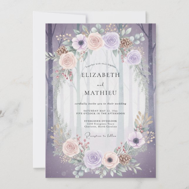 Convite Casamento Amethyst Peach Ranunculus Sage (Frente)