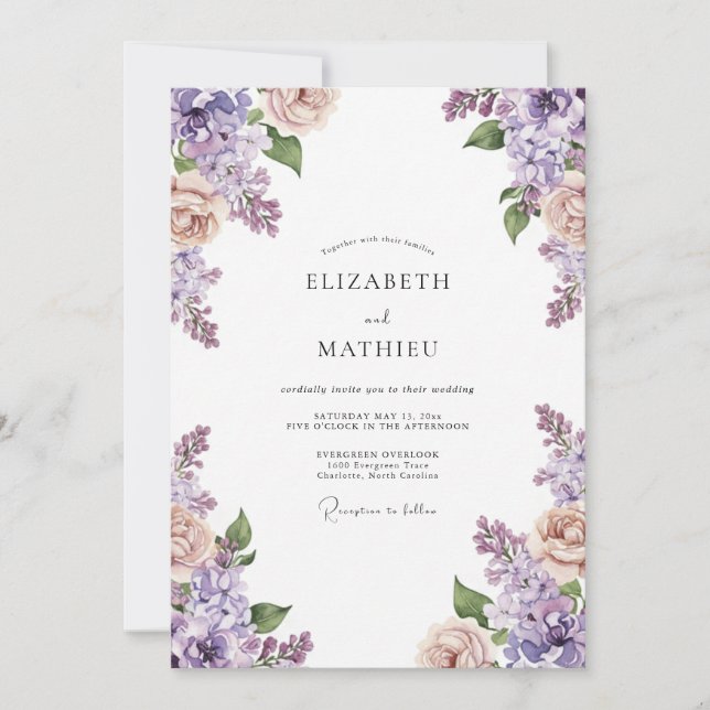 Convite Casamento Amethyst Peach Wisteria (Frente)