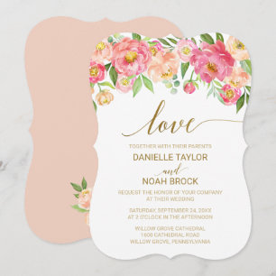 Convite Casamento "Amor" das Flores de Pêssego e Rosa