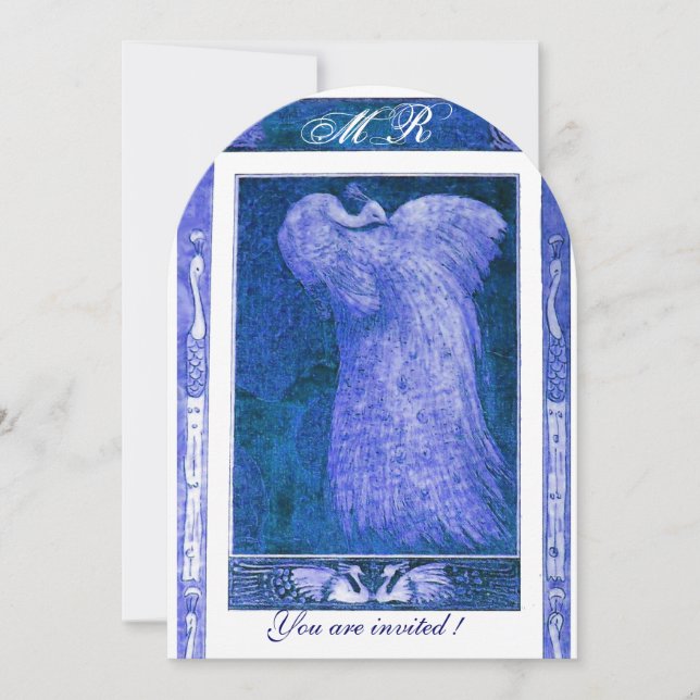 Convite CASAMENTO AMOR PAVÃO MONOGRAMA Azul Branco (Frente)