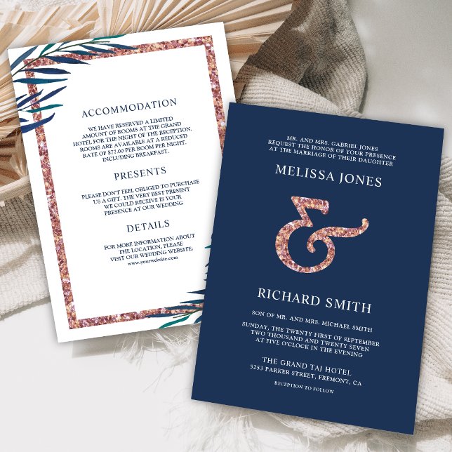 Convite Casamento Ampersand Rosa Dourado Folha Galho Azul  (Criador carregado)