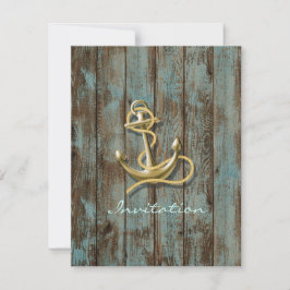Convite casamento âncora de madeira azul da doca náutico