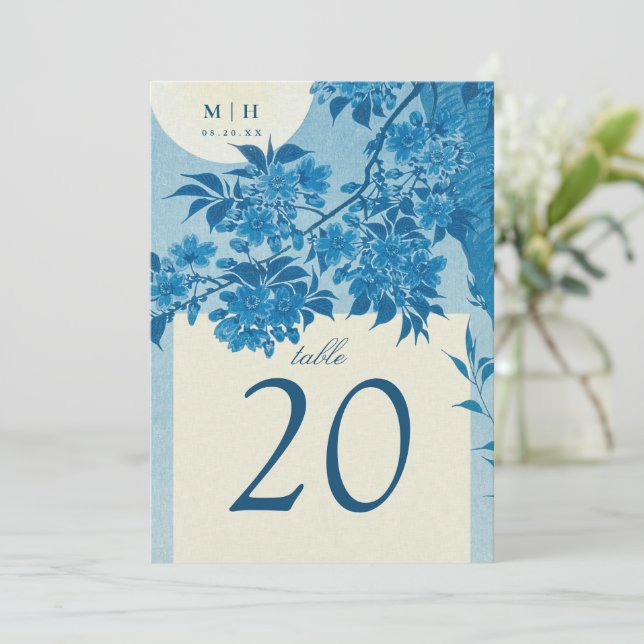 Convite Casamento Anterior de Flor Azul Japonês (Em pé/Frente)