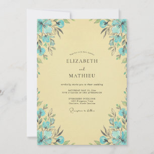 Convite Casamento Antigo Azul Água Delicado