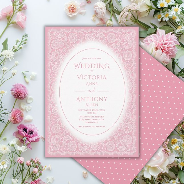 Convite Casamento Antigo Branco com Renda Rosa (Criador carregado)