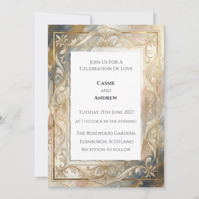 Convite Casamento Antigo Dourado Clássico com Trabalho de  (Frente)