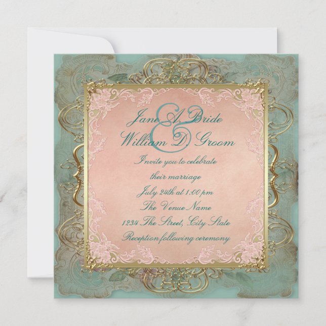 Convite Casamento Antigo Rosa Azul Turquesa e Dourado (Frente)
