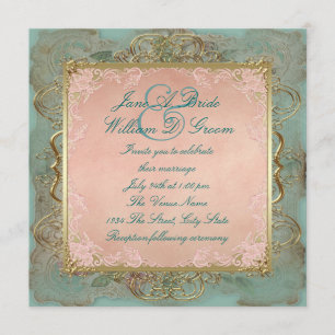 Convite Casamento Antigo Rosa Azul Turquesa e Dourado
