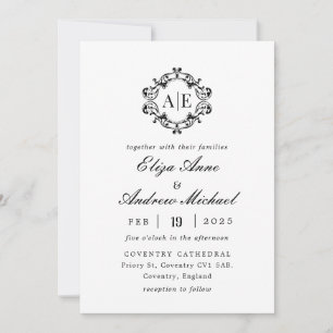 Convite Casamento Antiquado de Monograma de Crest Preto e 