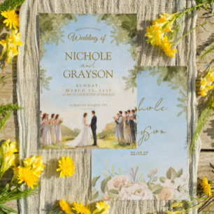 Convite Casamento ao Ar Livre com Floral de Verão em Aquar