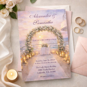 Convite Casamento ao pôr do sol com iate em aquarela