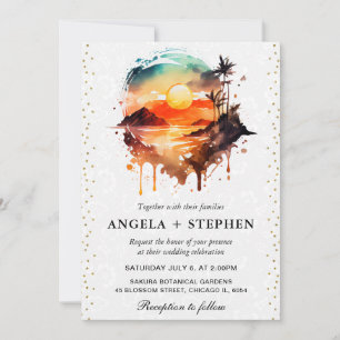 Convite Casamento ao pôr do sol em ilha tropical aquarela