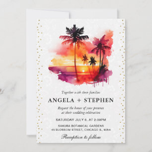 Convite Casamento ao pôr do sol em ilha tropical aquarela