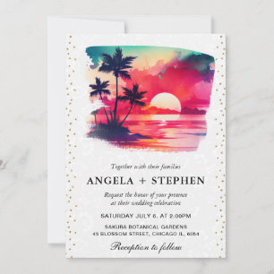 Convite Casamento ao pôr do sol em ilha tropical com aquar