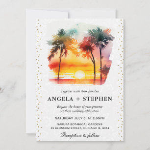 Convite Casamento ao pôr do sol em ilha tropical com aquar