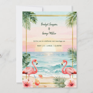 Convite Casamento ao pôr do sol flor tropical com flamingo