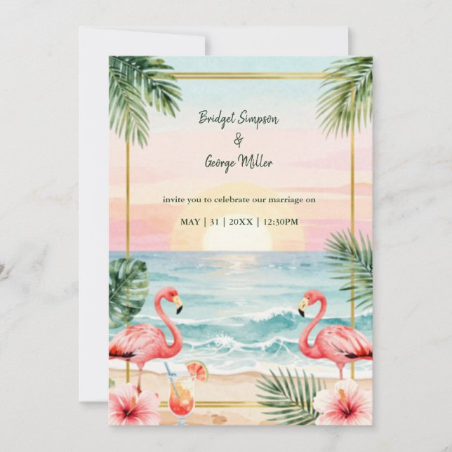 Convite Casamento ao pôr do sol flor tropical com flamingo (Frente)