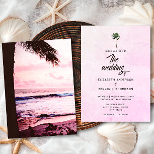 Convite Casamento ao pôr do sol na praia com palmeira rosa