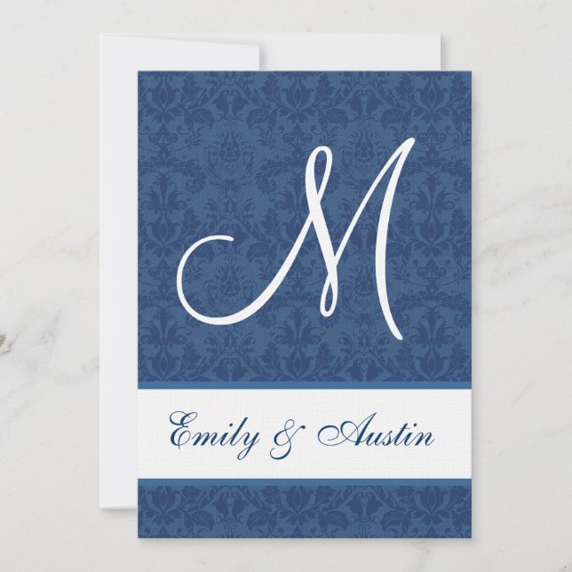 Convite Casamento ao quadrado Marinho Blue Damask A450 (Frente)