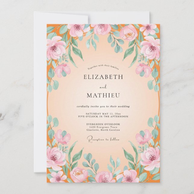 Convite Casamento Apricot Aqua Bloom (Frente)