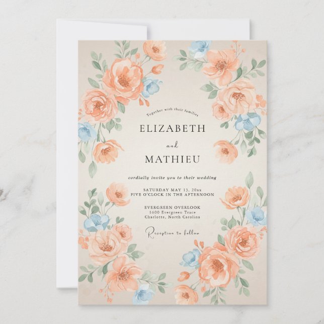 Convite Casamento Apricot Azure Ranunculus Muted Eucalyptu (Frente)