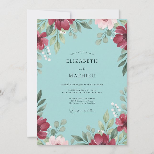 Convite Casamento Aqua Burgundy Papoula (Frente)