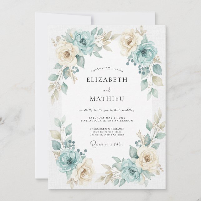 Convite Casamento Aqua Gold Ranunculus Eucalyptus (Frente)