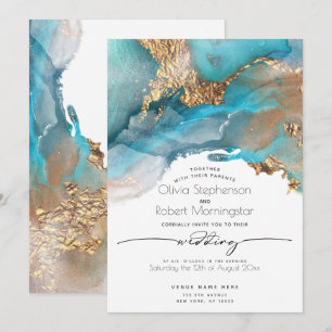 Convite CASAMENTO Aqua moderno e Ink Invita Dourada mar