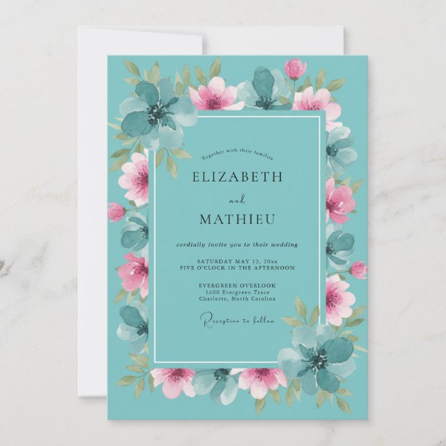 Convite Casamento Aqua Rosa Poeira Peônia (Frente)