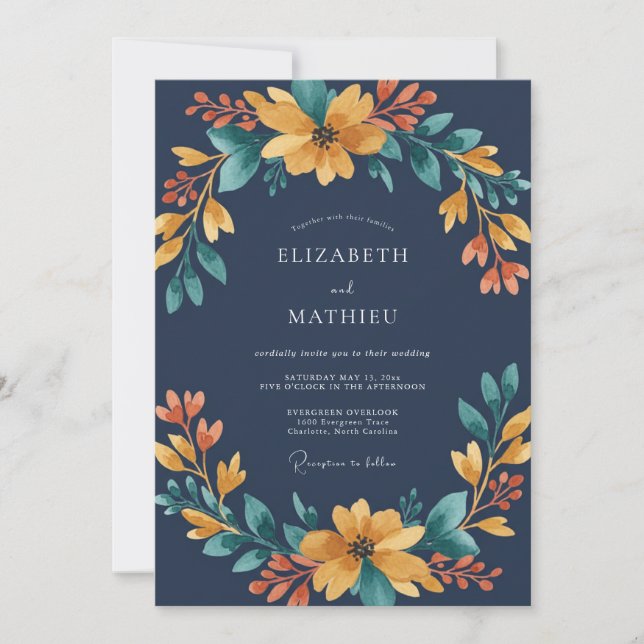 Convite Casamento Aquarela Âmbar Marinho (Frente)