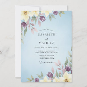 Convite Casamento Aquarela Ameixa Azul