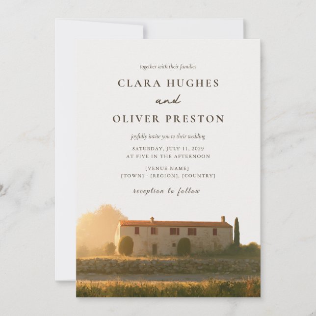 Convite Casamento Aquarela ao Amanhecer com Cipreste em Fa (Frente)