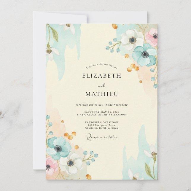 Convite Casamento Aquarela Aqua Gold (Frente)