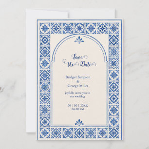 Convite Casamento Aquarela Arco de Azulejo Azul Mediterrân