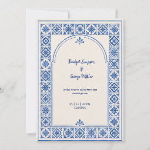 Convite Casamento Aquarela Arco de Azulejo Azul Mediterrân