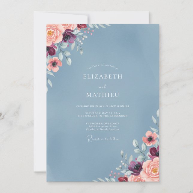 Convite Casamento Aquarela Azul Aço Ameixa (Frente)