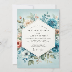 Convite Casamento Aquarela Azul Ardósia e Pêssego