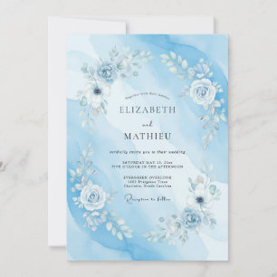 Convite Casamento Aquarela Azul Celeste Sereno